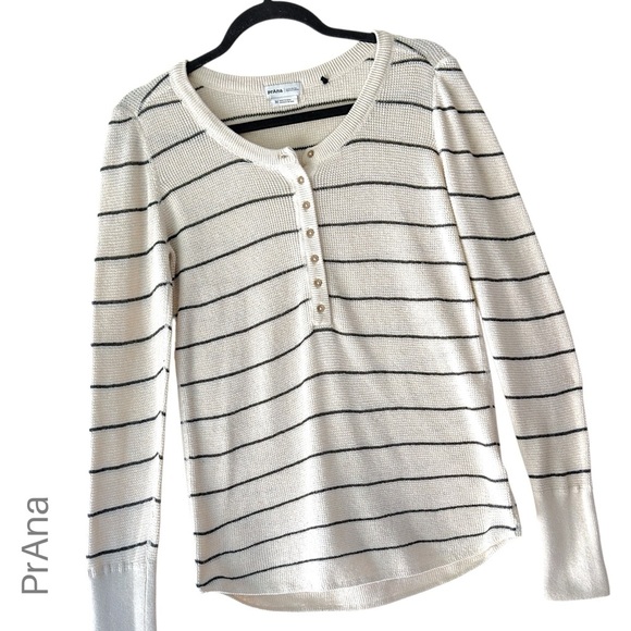 PRANA | NWOT MILANI HENLEY OATMEAL STRIPE COTTON & WOOL WAFFLE WEAVE | MEDIUM - Picture 1 of 11